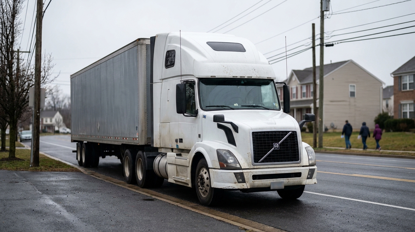 Volvo semi-truck with large trailer driving through residential neighborhood street