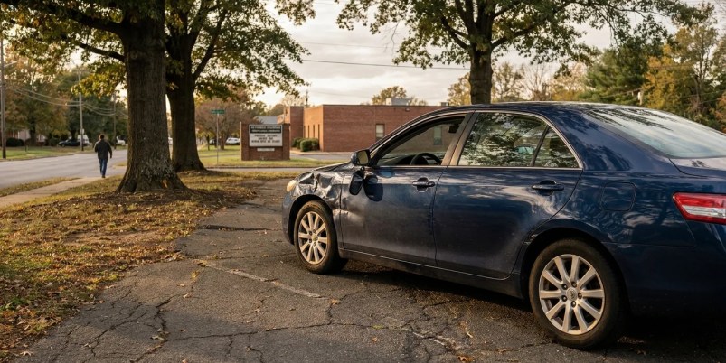 sedan with visibly crushed front door panel parked on cracked pavement near roadway