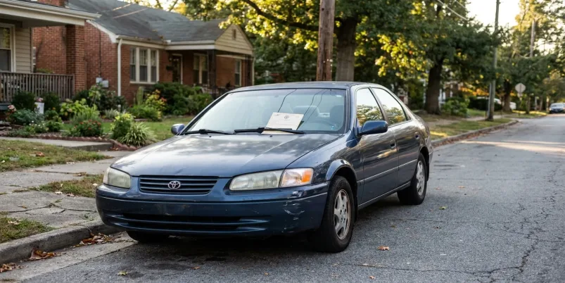 Toyota Camry sedan parked on residential street with document on windshield