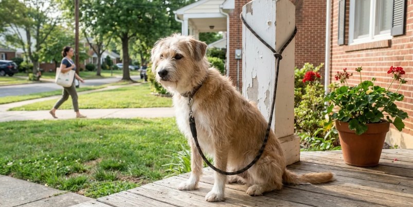 leashed dog sitting on wooden porch outside brick residential home