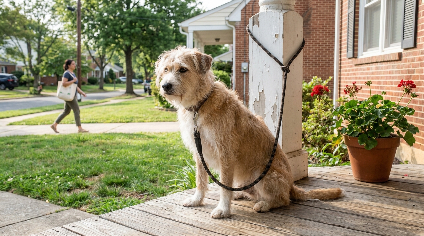 leashed dog sitting on wooden porch outside brick residential home