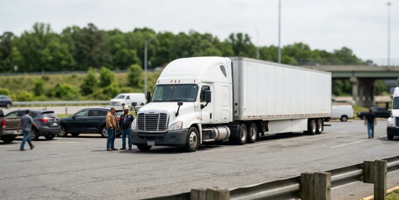 two people standing in front of semi-truck on highway road shoulder