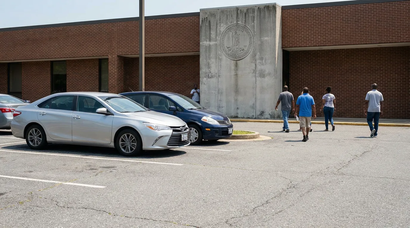 people walking toward brick government building entrance with official state seal